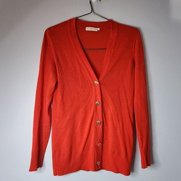 Tory Burch Sweater Womens Merino Simone Logo Button Cardigan Orange Small - Picture 1 of 9